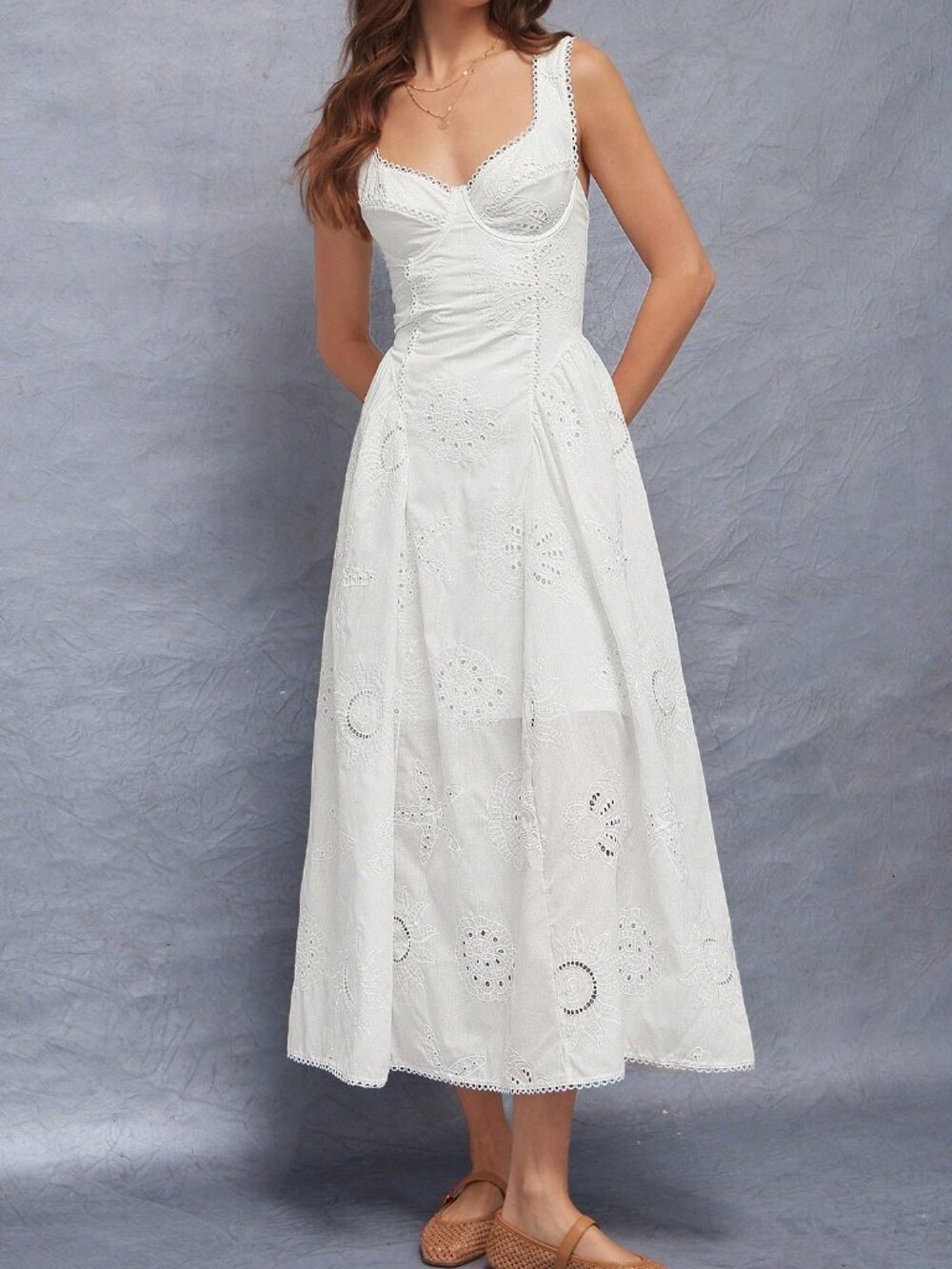 White Elegant Women's Embroidered Ruffle Sides Fit & Flare Sleeveless Midi Dress - Picture 4 of 5